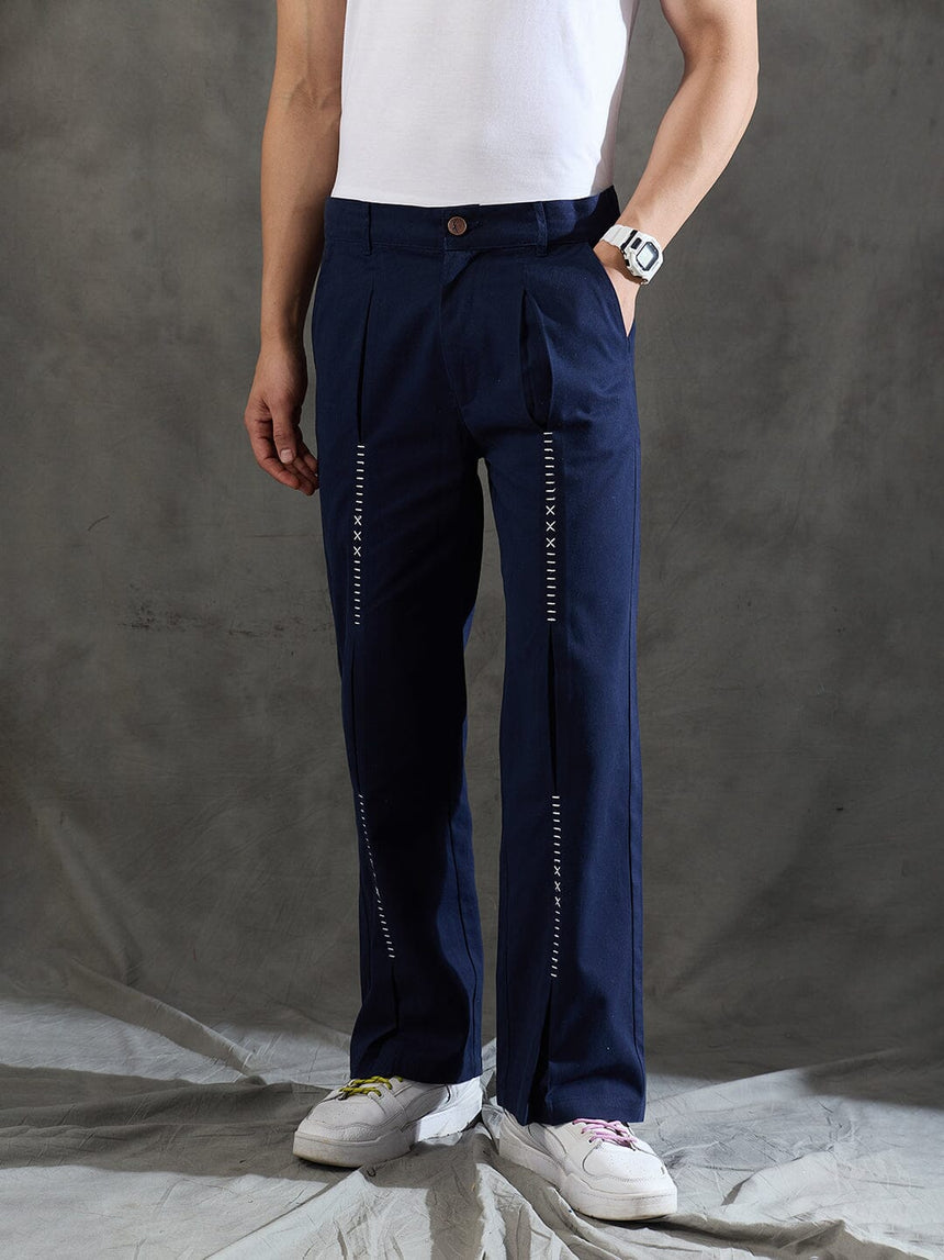 Navy Pleated Embroidered Trousers Trousers Fugazee