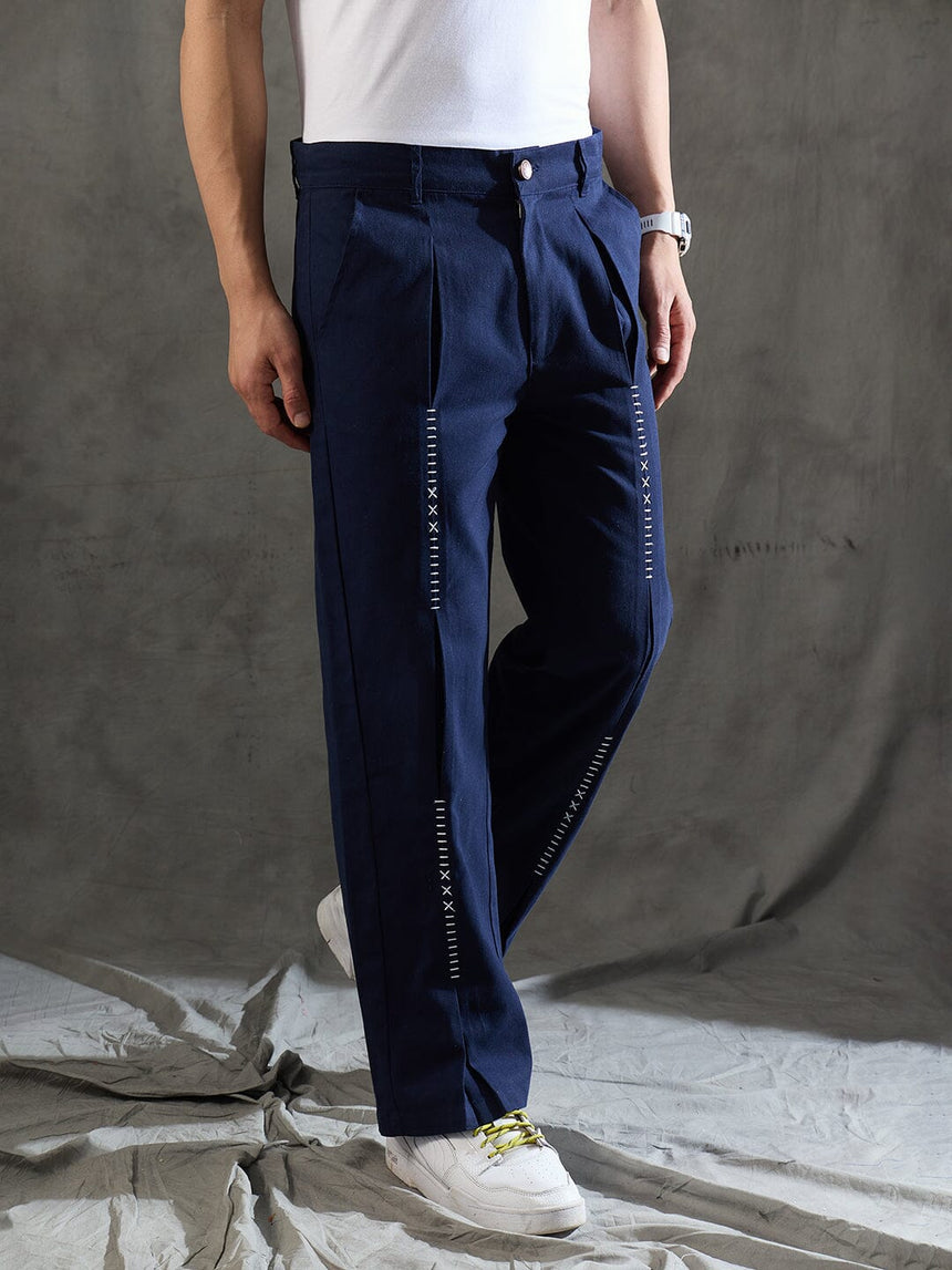 Navy Pleated Embroidered Trousers Trousers Fugazee