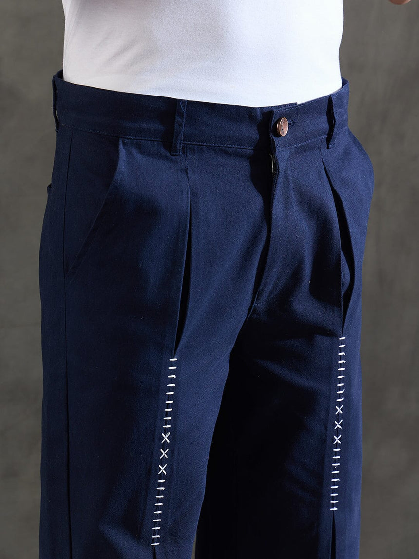 Navy Pleated Embroidered Trousers Trousers Fugazee