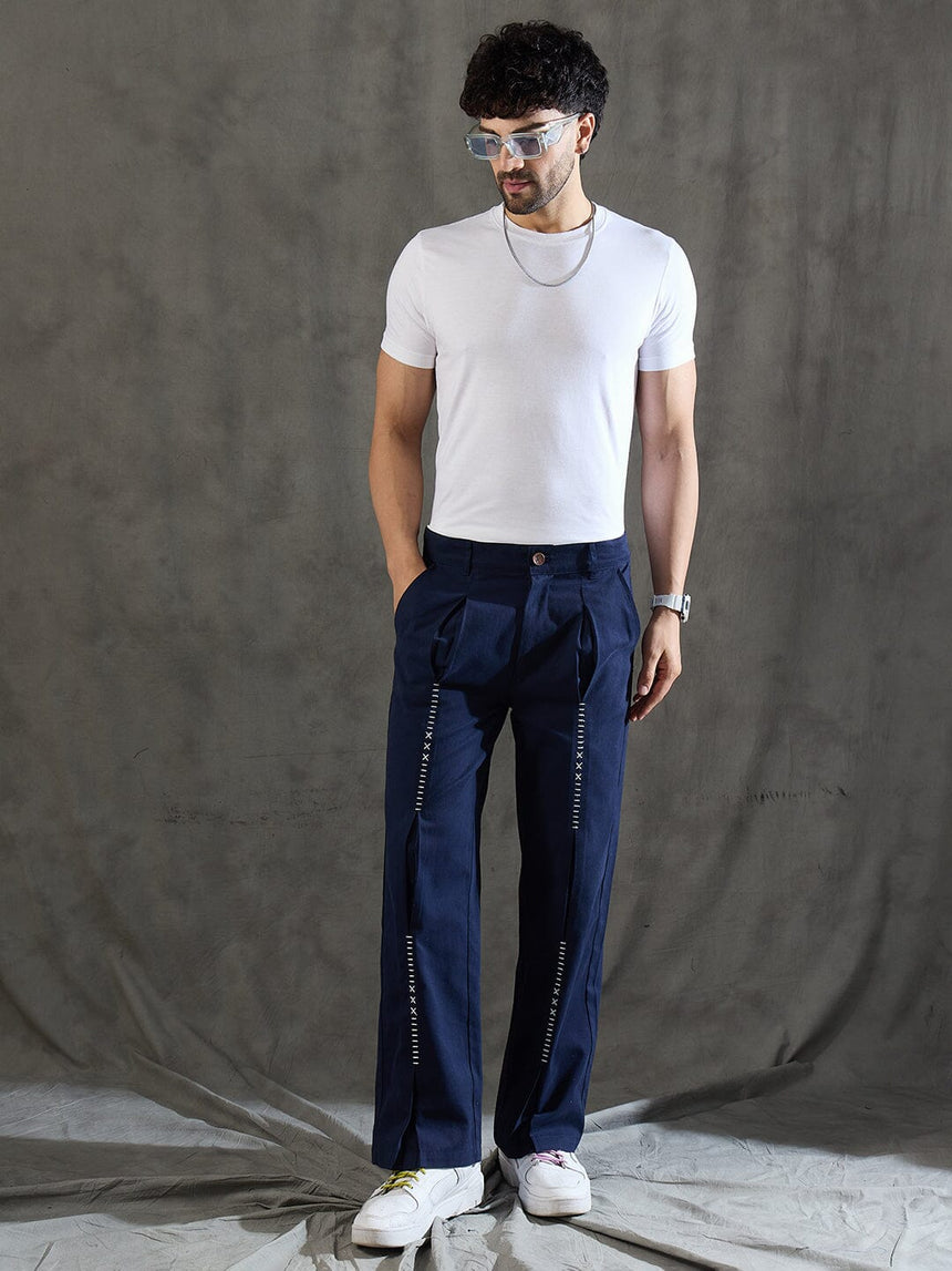 Navy Pleated Embroidered Trousers Trousers Fugazee