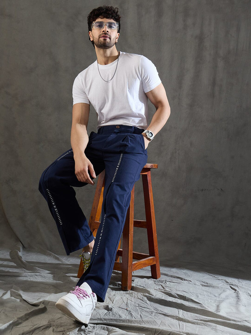 Navy Pleated Embroidered Trousers Trousers Fugazee