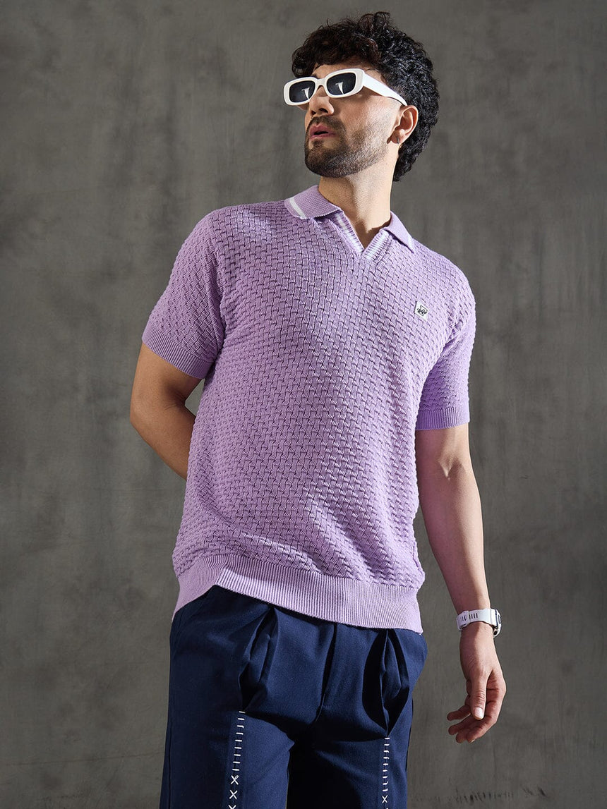Lavender Textured Knitted Polo Tshirt T-shirts Fugazee