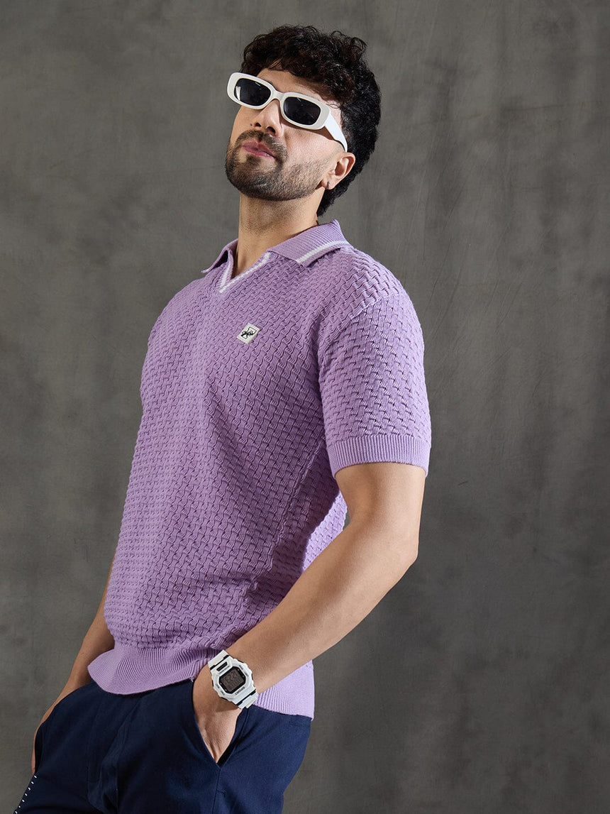 Lavender Textured Knitted Polo Tshirt T-Shirts Fugazee