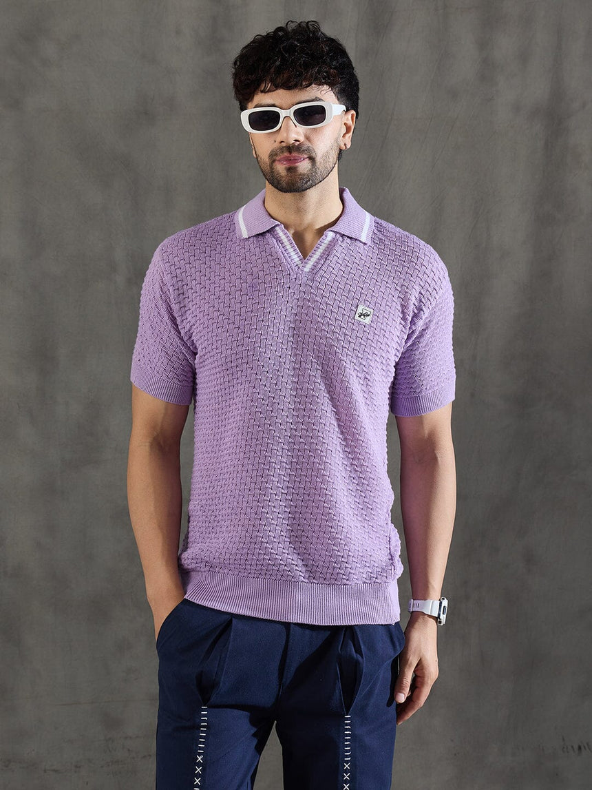 Lavender Textured Knitted Polo Tshirt T-shirts Fugazee