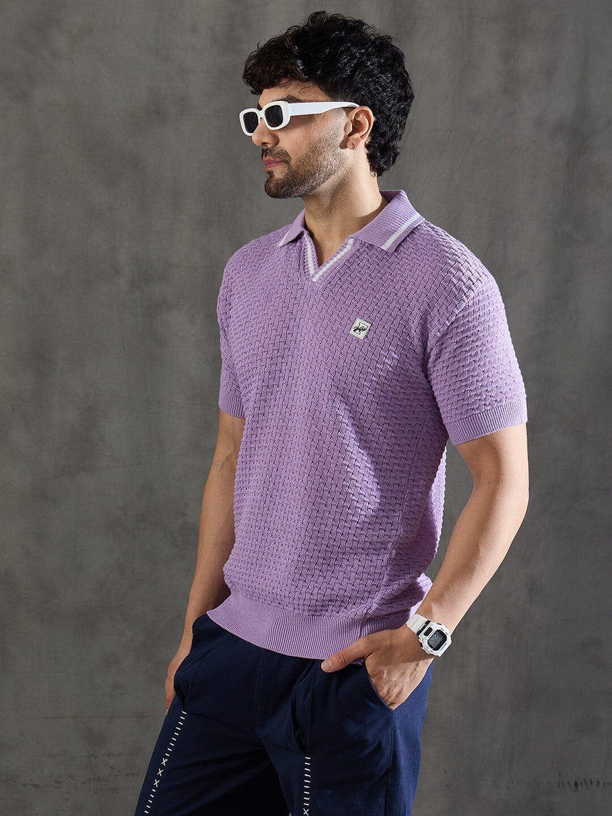 Lavender Textured Knitted Polo Tshirt T-shirts Fugazee
