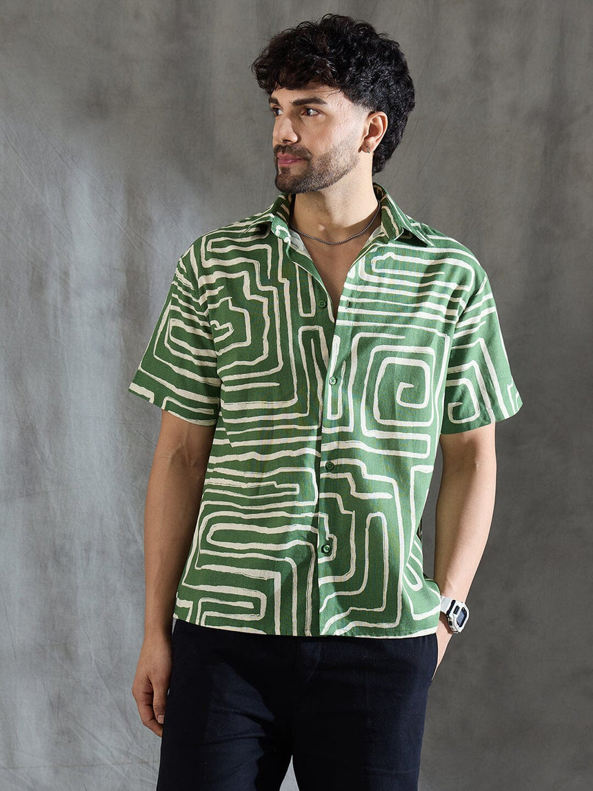 Olive Abstract Print Linen Shirt Shirts Fugazee