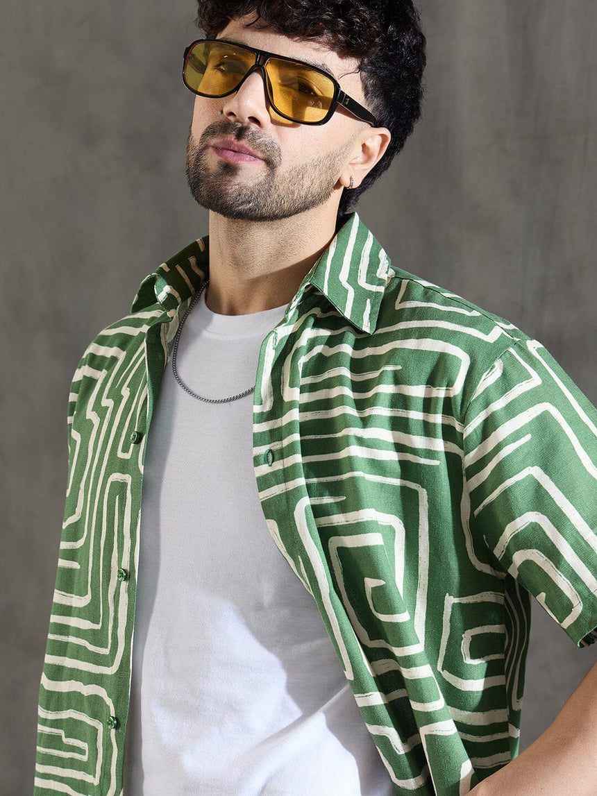 Olive Abstract Print Linen Shirt Shirts Fugazee