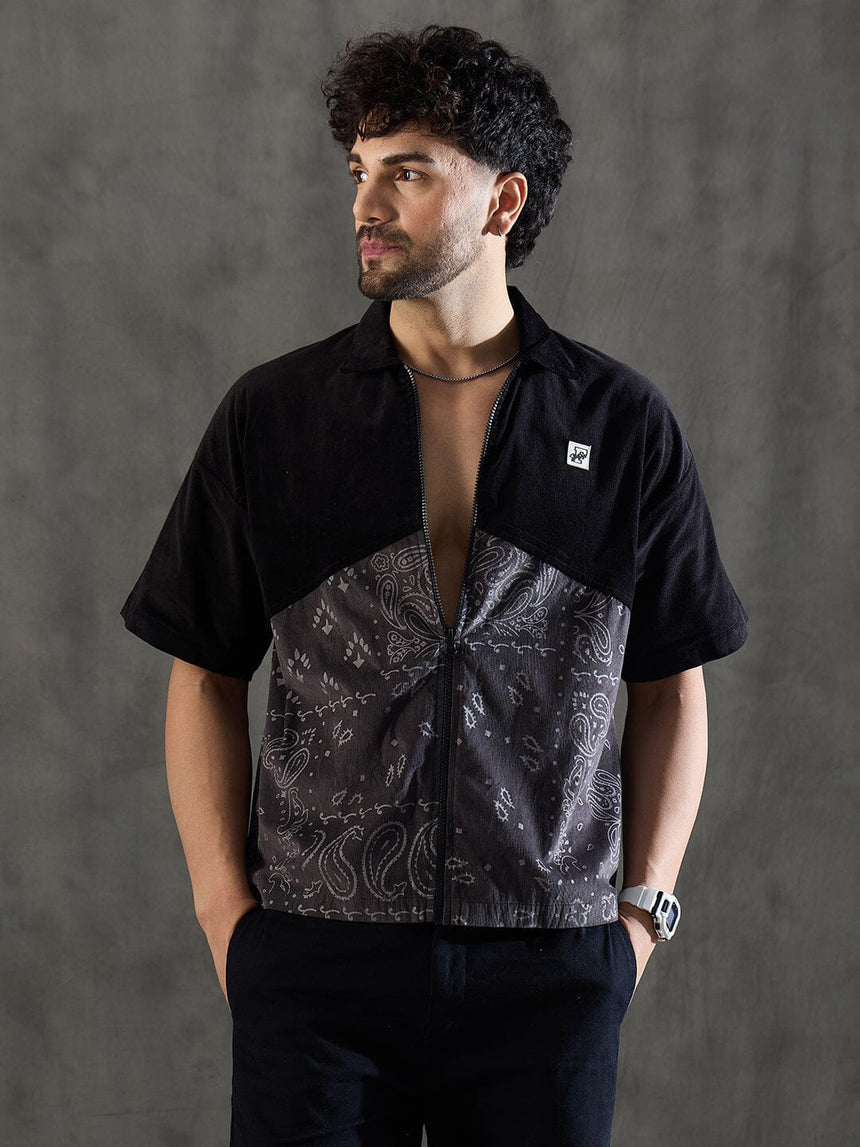 Black and Grey Paisley Zipped Shirt Shirts Fugazee