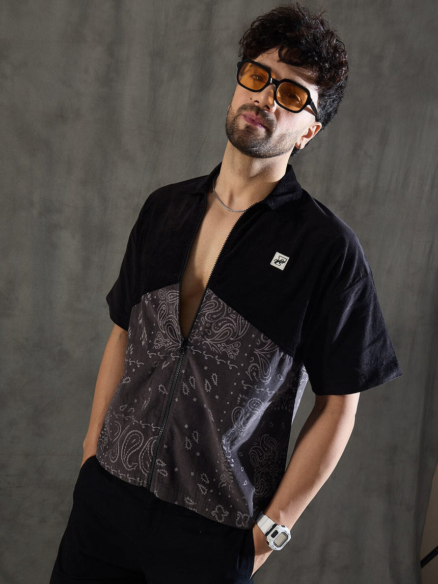 Black and Grey Paisley Zipped Shirt Shirts Fugazee
