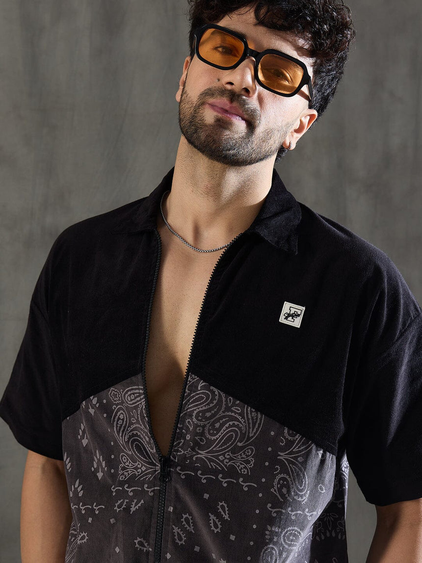 Black and Grey Paisley Zipped Shirt Shirts Fugazee