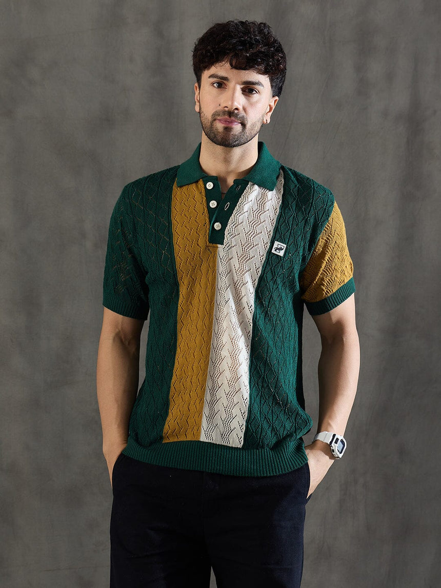 Green Striped Knitted Crotchet Polo Tshirt T-shirts Fugazee