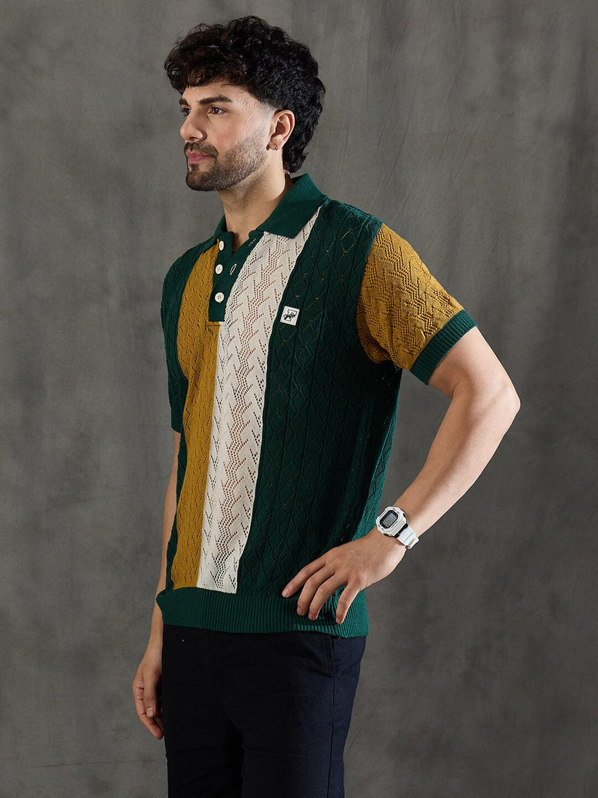 Green Striped Knitted Crotchet Polo Tshirt T-Shirts Fugazee