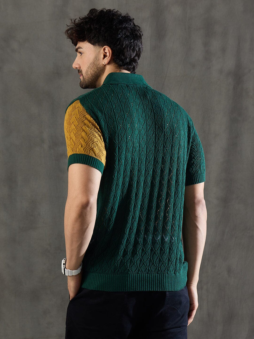 Green Striped Knitted Crotchet Polo Tshirt T-Shirts Fugazee