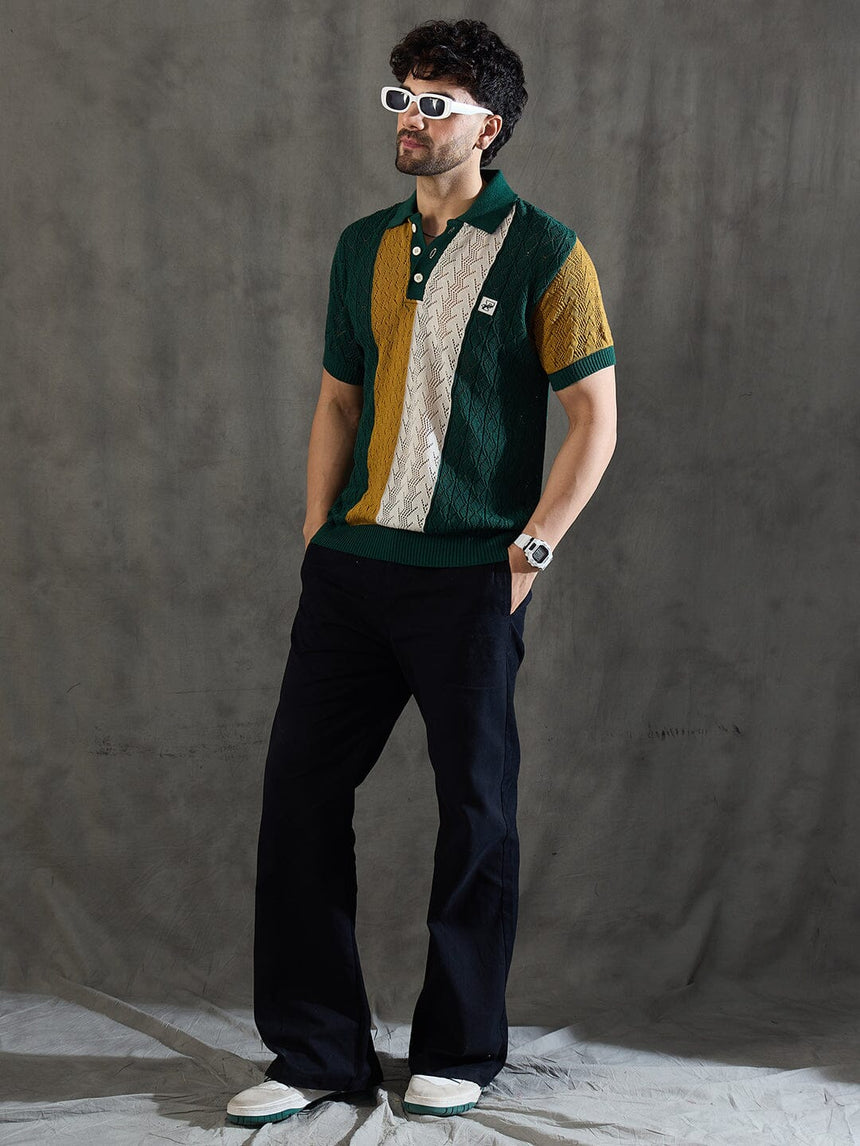 Green Striped Knitted Crotchet Polo Tshirt T-Shirts Fugazee