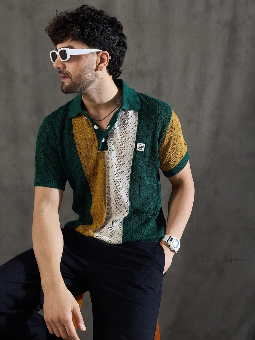Green Striped Knitted Crotchet Polo Tshirt T-Shirts Fugazee