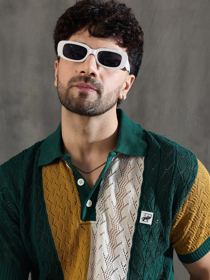 Green Striped Knitted Crotchet Polo Tshirt T-Shirts Fugazee