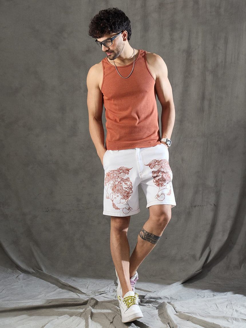 White Denim Lion Embroidery Shorts Shorts Fugazee