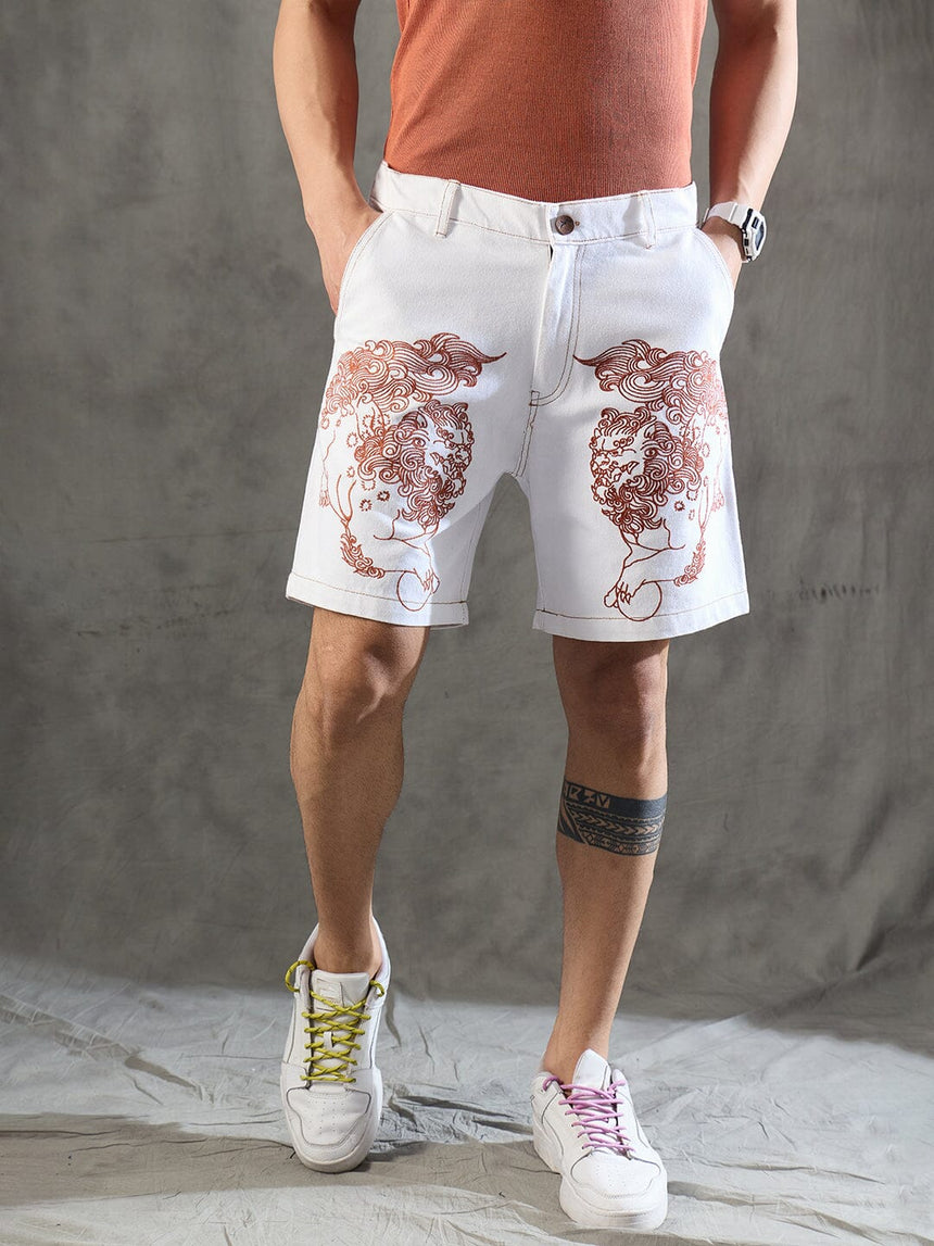 White Denim Lion Embroidery Shorts Shorts Fugazee