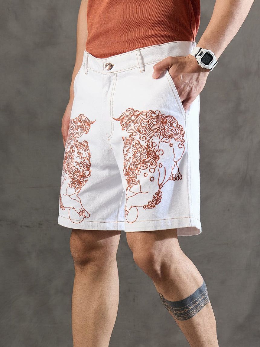 White Denim Lion Embroidery Shorts Shorts Fugazee