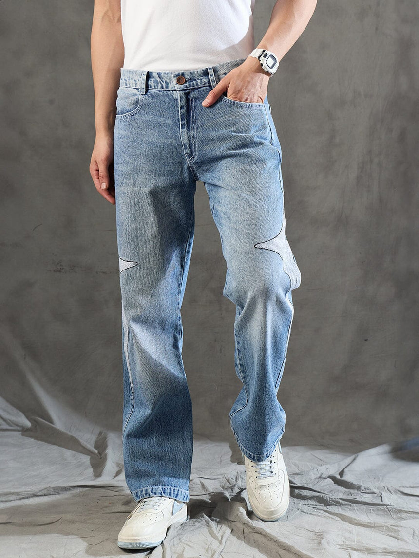Indigo Y2K Embroidery Straight Fit Denim Jeans Fugazee