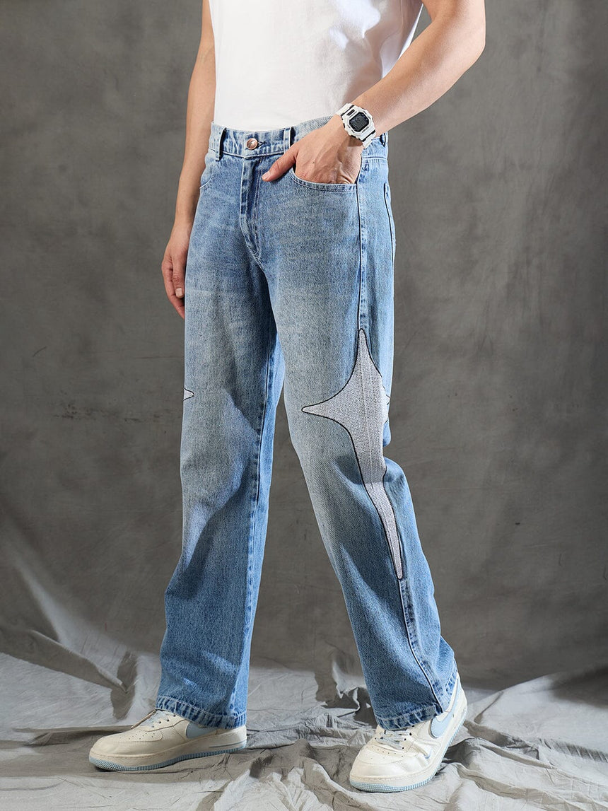 Indigo Y2K Embroidery Straight Fit Denim Jeans Fugazee