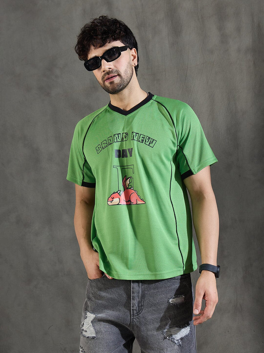 Lime Green Cut and Sew Sporty Jersey Tshirt T-shirts Fugazee