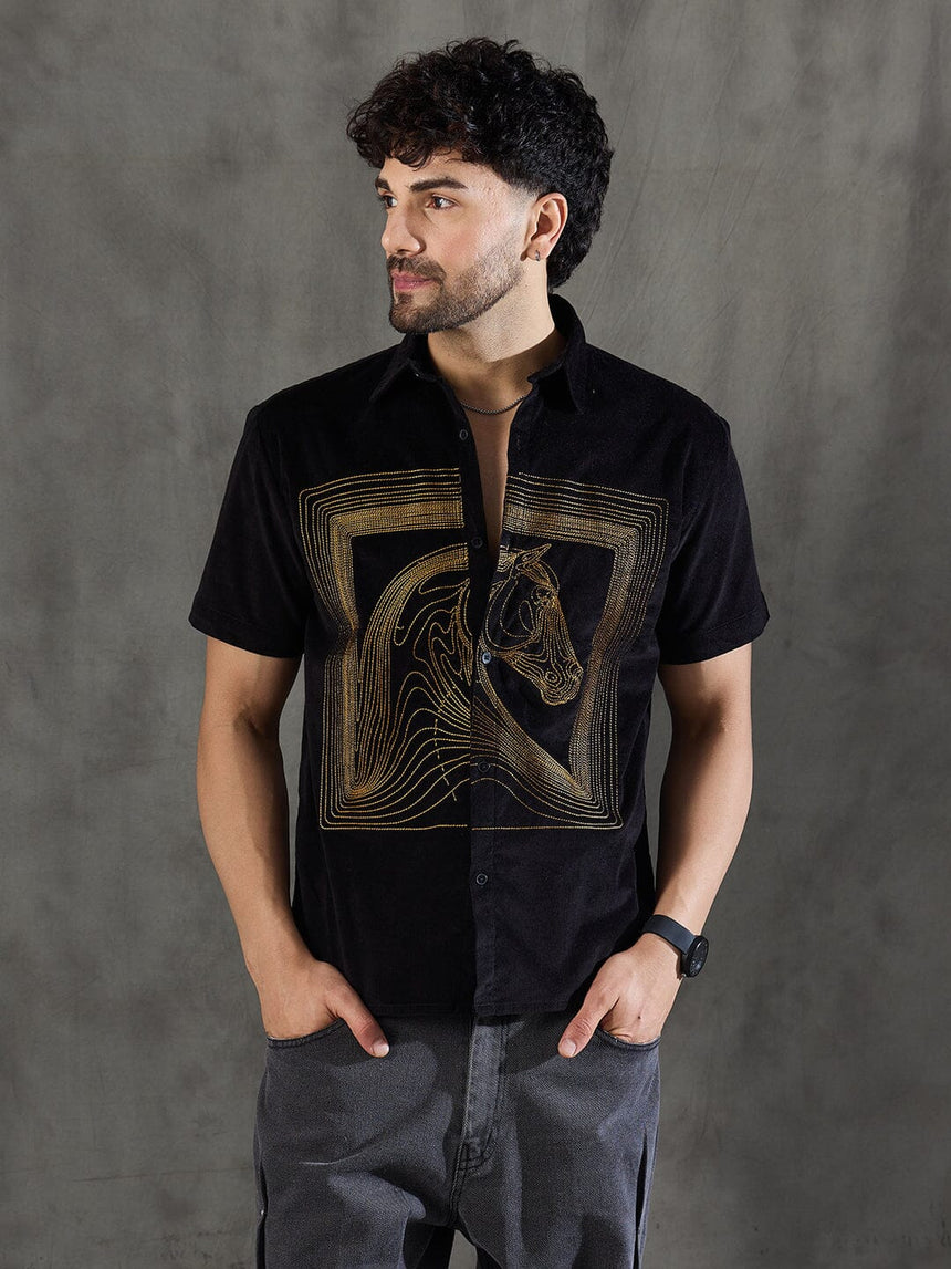 Black Corduroy Horse Embroidery Shirt Shirts Fugazee
