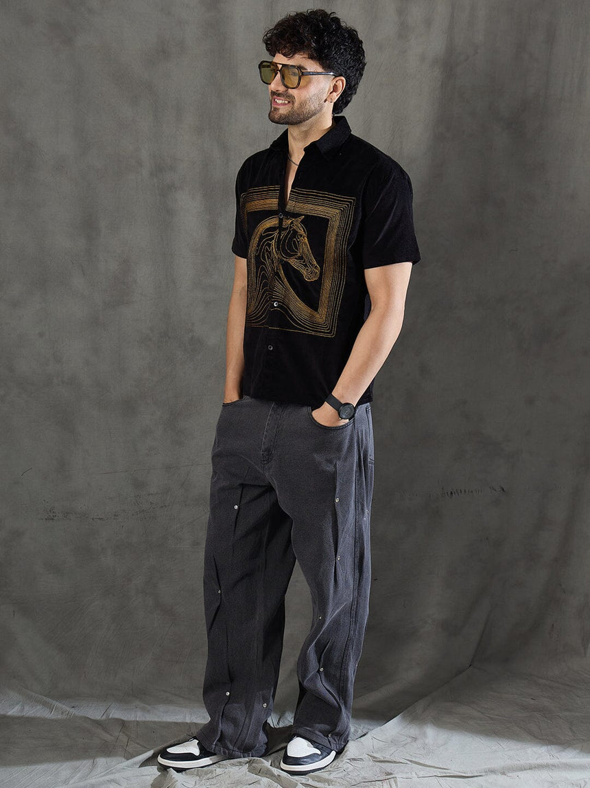 Black Corduroy Horse Embroidery Shirt Shirts Fugazee