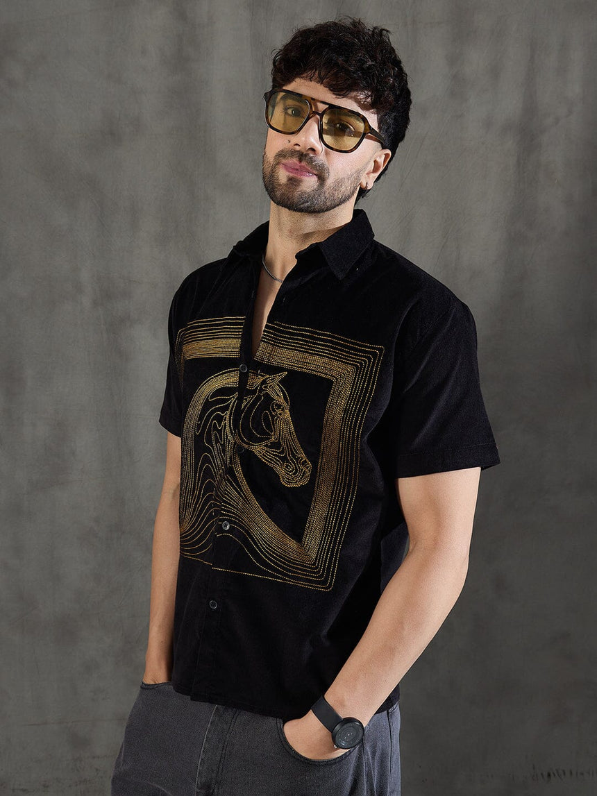 Black Corduroy Horse Embroidery Shirt Shirts Fugazee
