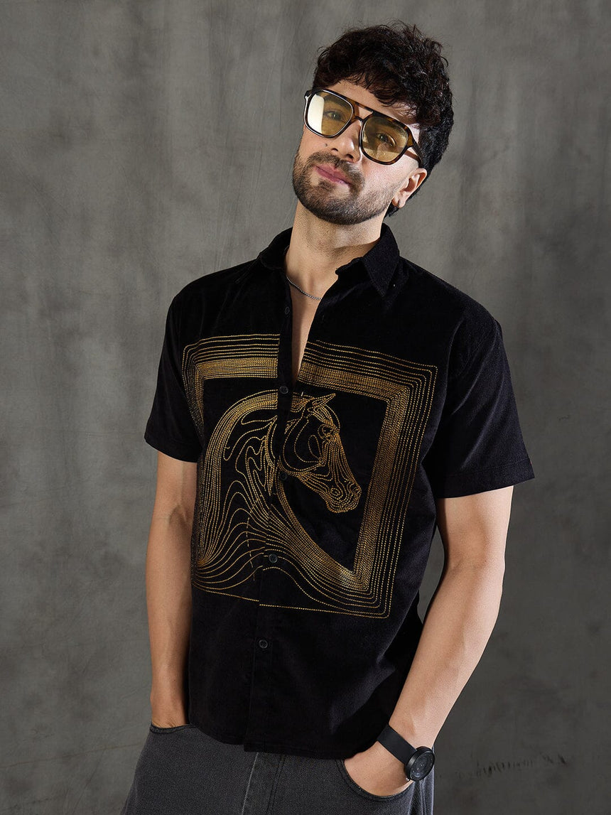 Black Corduroy Horse Embroidery Shirt Shirts Fugazee