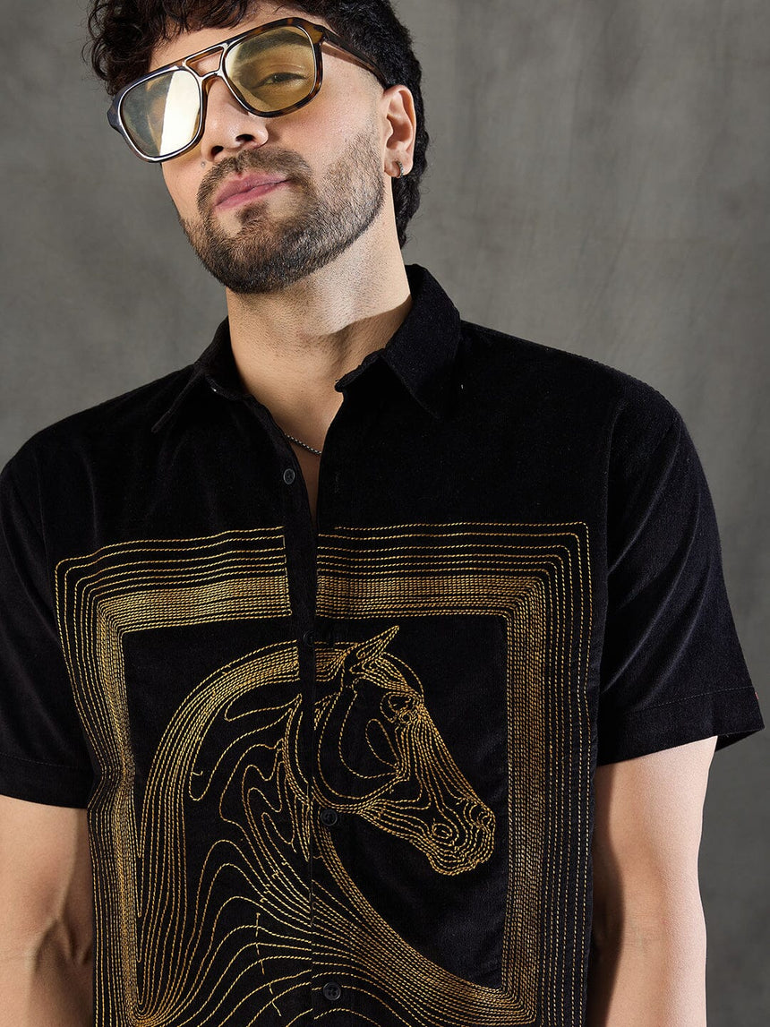 Black Corduroy Horse Embroidery Shirt Shirts Fugazee