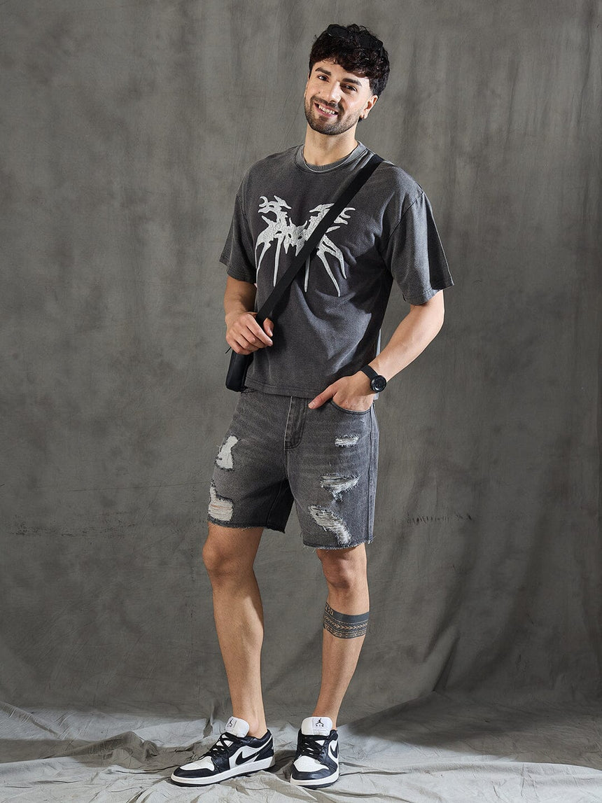 Grey Distressed Raw Edge Denim Shorts Shorts Fugazee