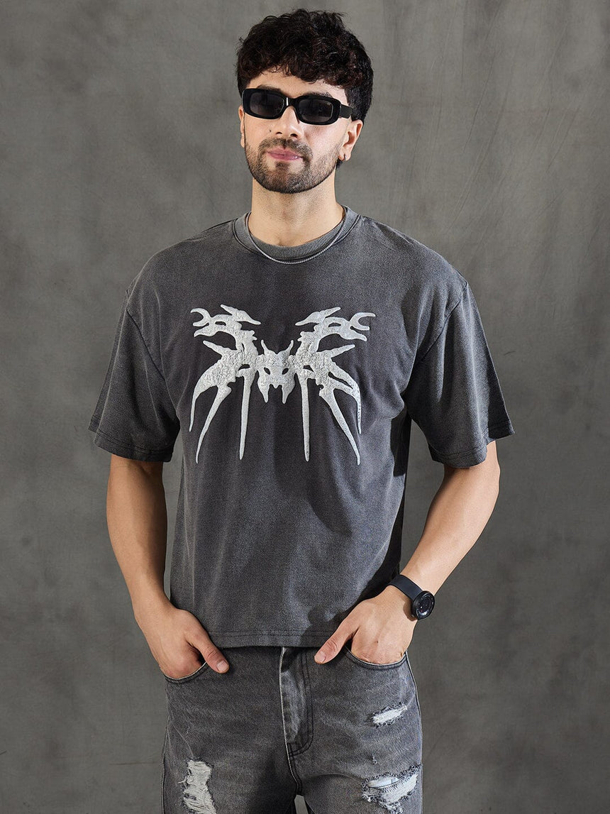 Charcoal Washed Bat Graphic Oversized Tshirt T-Shirts Fugazee