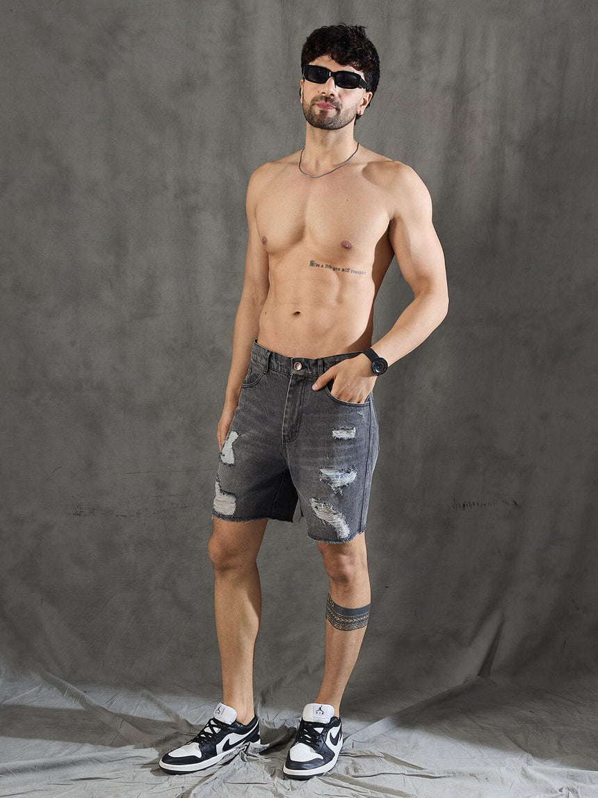 Grey Distressed Raw Edge Denim Shorts Shorts Fugazee