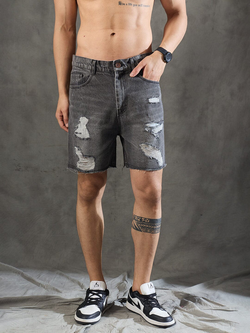 Grey Distressed Raw Edge Denim Shorts Shorts Fugazee