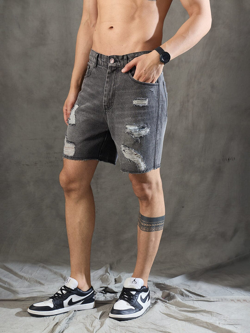 Grey Distressed Raw Edge Denim Shorts Shorts Fugazee