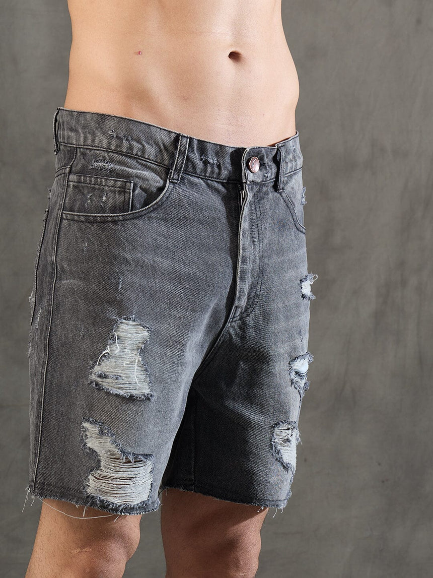 Grey Distressed Raw Edge Denim Shorts Shorts Fugazee