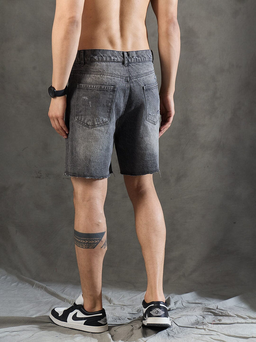 Grey Distressed Raw Edge Denim Shorts Shorts Fugazee