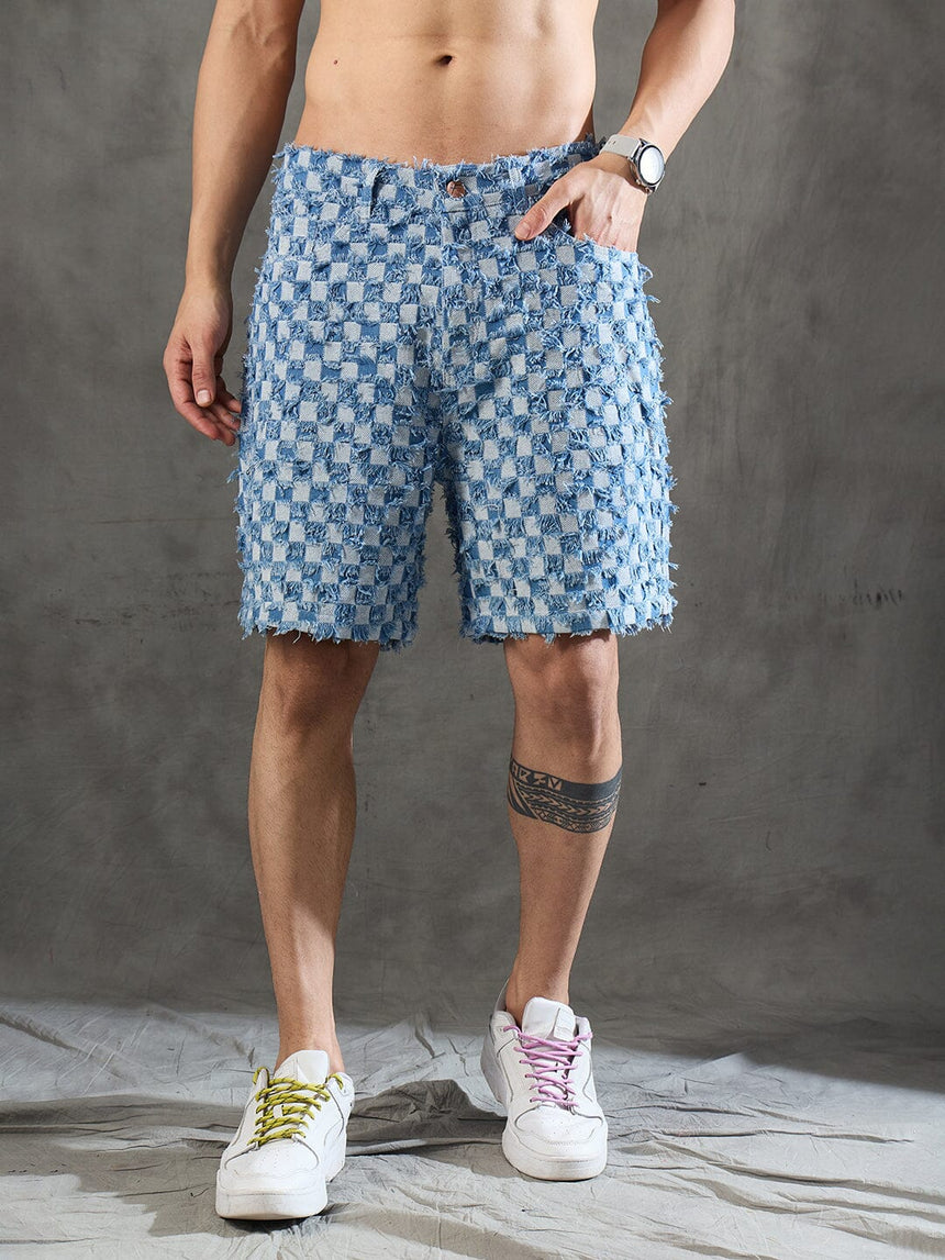 Ice Checkered Frayed Denim Shorts Shorts Fugazee