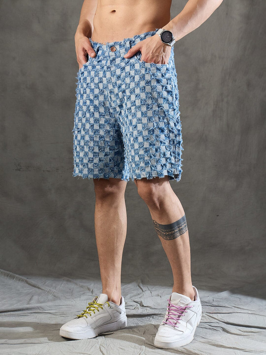 Ice Checkered Frayed Denim Shorts Shorts Fugazee