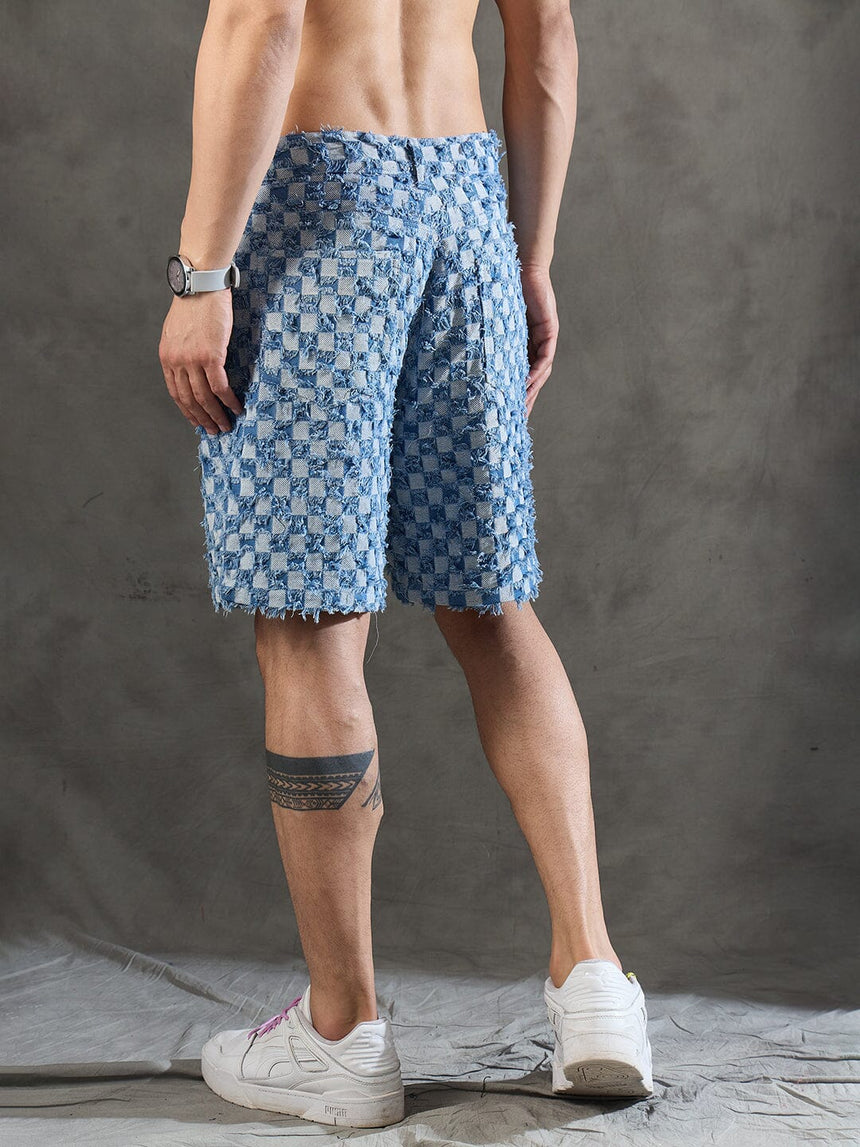 Ice Checkered Frayed Denim Shorts Shorts Fugazee