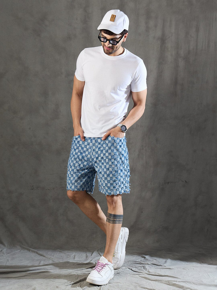 Ice Checkered Frayed Denim Shorts Shorts Fugazee