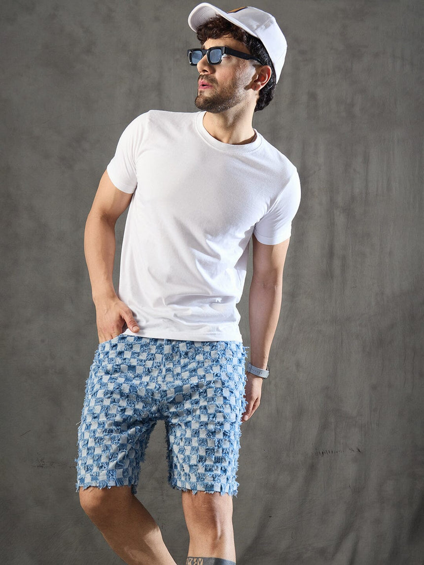 Ice Checkered Frayed Denim Shorts Shorts Fugazee