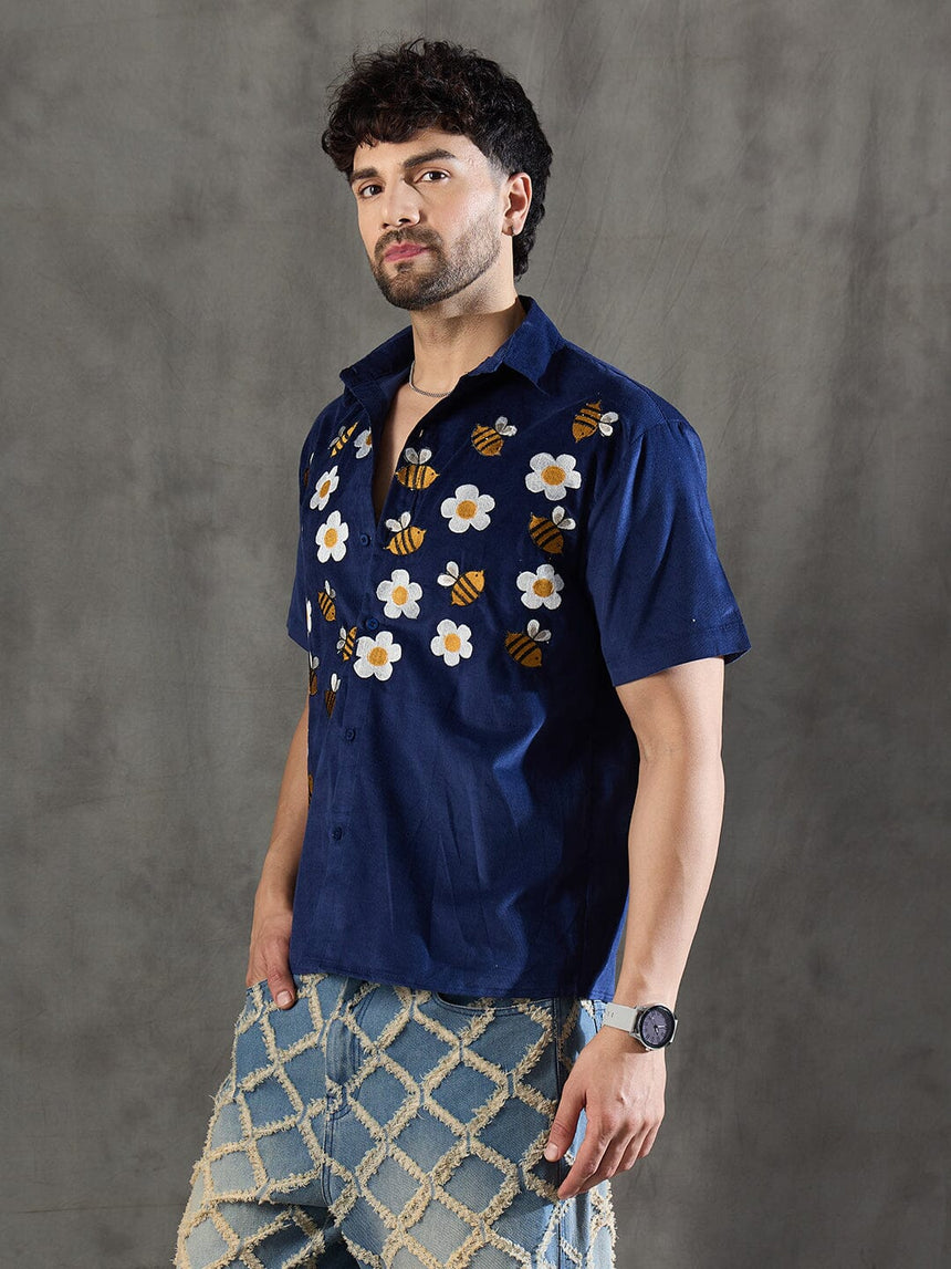 Navy Daisy and Bees Embroidery Corduroy Shirt Shirts Fugazee