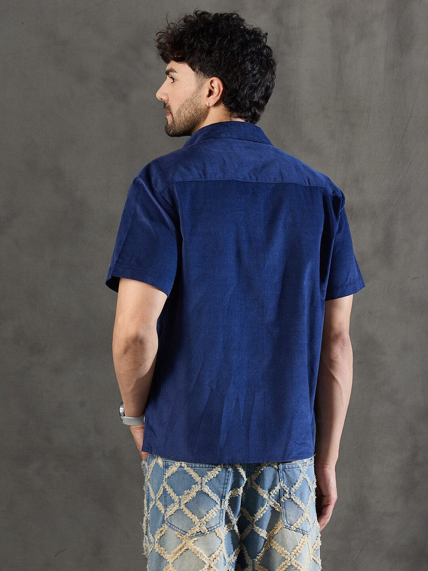 Navy Daisy and Bees Embroidery Corduroy Shirt Shirts Fugazee