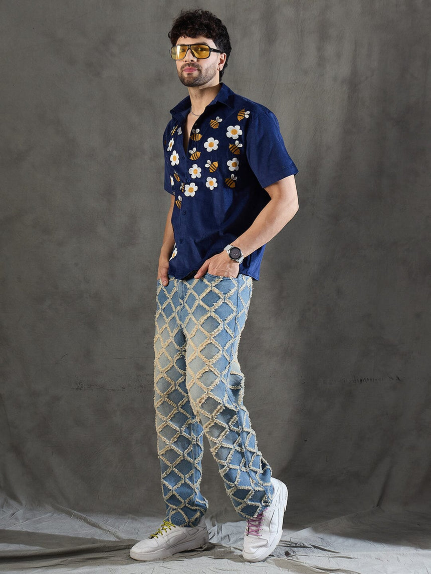 Navy Daisy and Bees Embroidery Corduroy Shirt Shirts Fugazee
