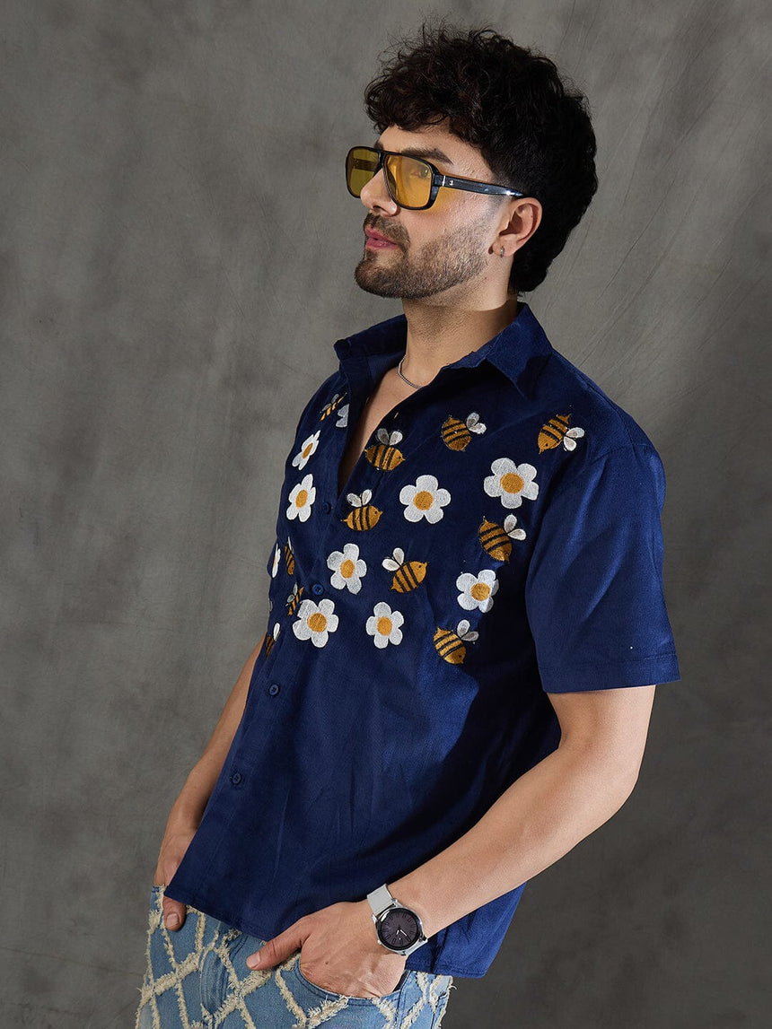 Navy Daisy and Bees Embroidery Corduroy Shirt Shirts Fugazee
