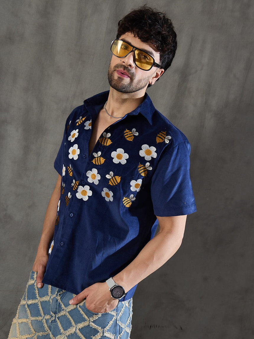 Navy Daisy and Bees Embroidery Corduroy Shirt Shirts Fugazee