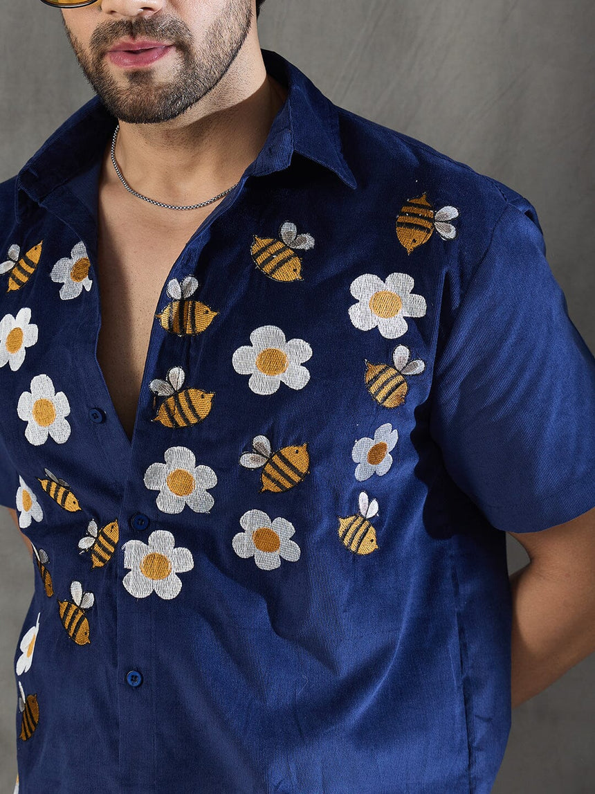 Navy Daisy and Bees Embroidery Corduroy Shirt Shirts Fugazee