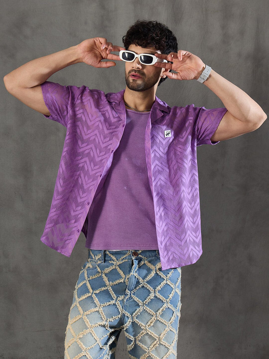 Violet Dyed Lace Cuban Shirt With Muscle Fit Vest Shirts Fugazee